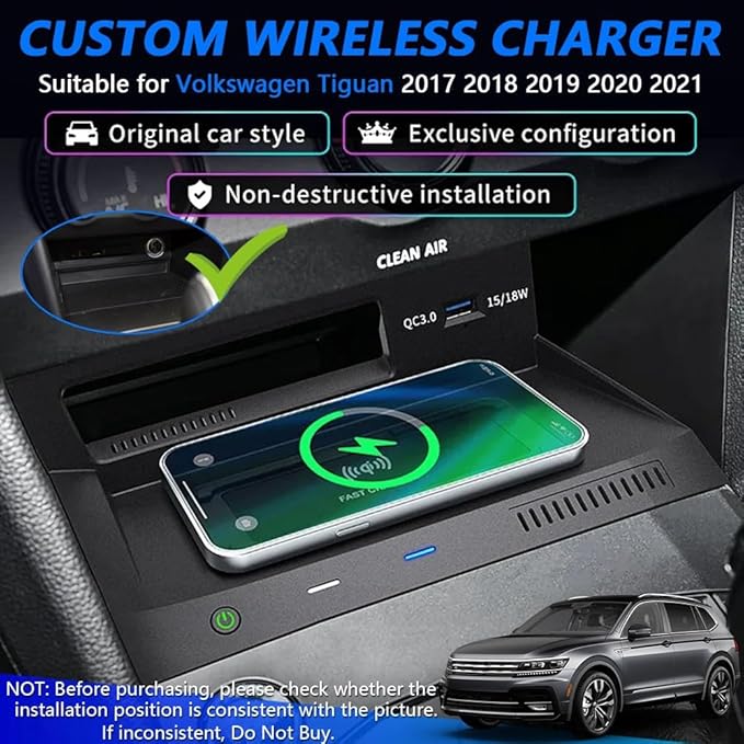Wireless Car Charger for Volkswagen VW Tiguan MK2 2017 2018 2019 2020 2021, Wireless Fast Phone Charging Pad with 18W QC3.0 USB, Fit for Volkswagen Tiguan Interior Accessories Upgrades