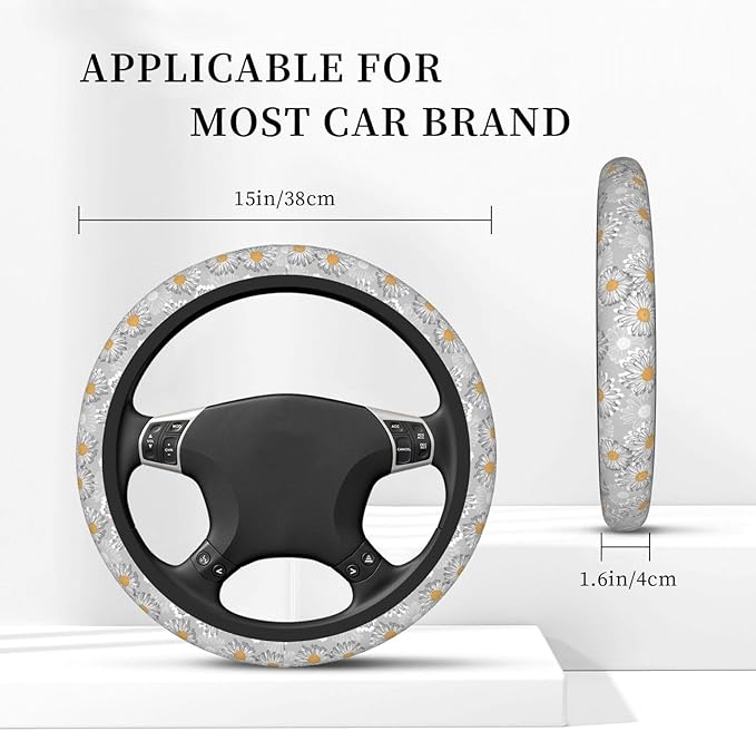 Floral Daisy Steering Wheel Cover Women Men Vintage Flower Elastic Stretch Soft Car Wheel Protector Universal Breathable No-Slip Car Accessories for Truck Van SUV Auto Fit 14-15 Inches