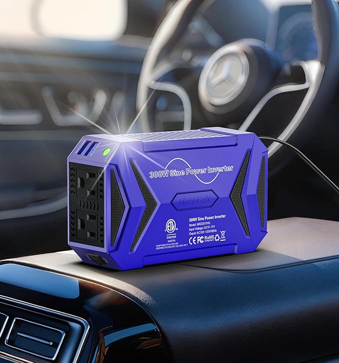 BESTEK Pure Sine Wave Power Inverter - 300W Car Plug in Charger Outlet DC 12V to 110V AC - Cigarette Lighter Adapter with 4.8A Dual USB Fast Charging Ports for Phone, Laptop, Tablet - Blue