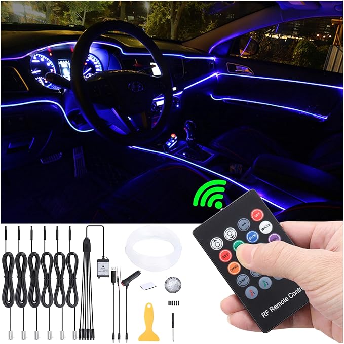 Car Ambient Lighting Optic Fiber 8 Colors Music Sound Active with RF Remote Control Car Decorative Atmosphere Lighting Kit DC 12V 1W 8m