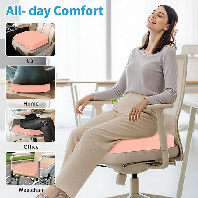 Large Seat Cushion, Memory Foam Cushion for Long Sitting Hours on Office Chair, Home & Car, Non-Slip Chair Pad for Relieving Back & Sciatica & Hip & Coccyx Pain (Pink)