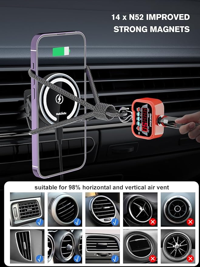 MAGJIEYX for Magnetic Magsafe Car Mount Charger, Wireless Car Charger with QC3.0 Adapter(38W Max) Phone Holder Fits iPhone17/16/15/14/13Plus/MagSafe Case,Dash/Vent/Windshield(Black)