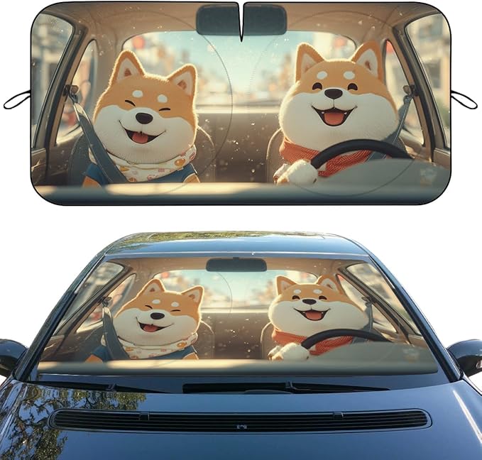 Funny Dog Car Window Sun Shield Cartoon Cute Shiba Sunny Puppy Front Window Sun Shade Blocks UV Rays Sun Visor Protector for Car Sedan Truck SUV Accessories 59" L x 31.5" W