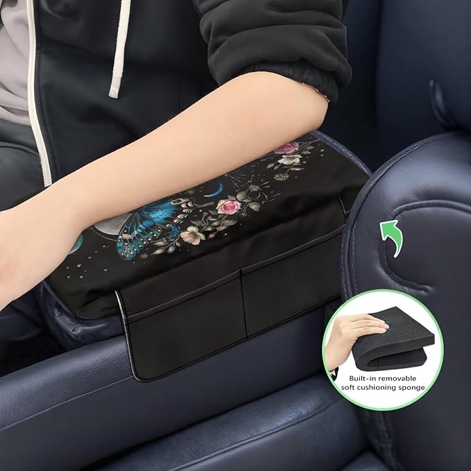 Wanyint Butterfly Flower Moon Black Car Center Console Cover Comfortable Armrest Box Mat Hand Rest Pillow for Car Seat Organizer Arm Rest Cushion Protective Cover Car Interior Decor