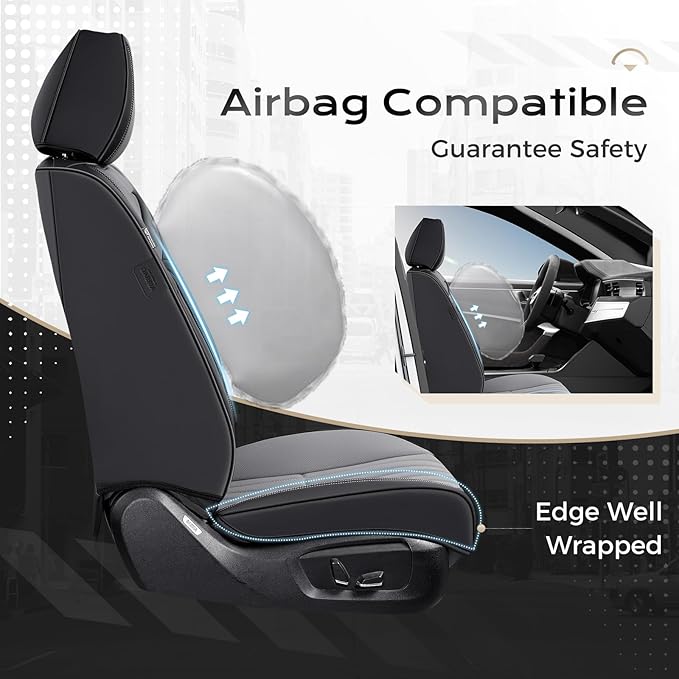 Coverado Car Seat Covers Full Set, Seat Covers for Cars, Car Seat Cover, Car Seat Protector, Leather Car Seat Cushion, Waterproof Car Seat Covers Front Seats and Back Fit for Most Cars(Black&Gray)