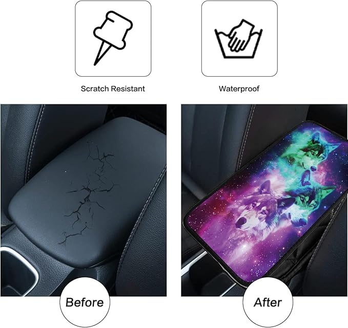 Car Armrest Cover Pads Universal Fashion Cute Auto Center Console Armrest Cover Pad with 2PCS Car Coasters Soft Waterproof Car Armrest Seat Protector for Women, Galaxy Three Wolves