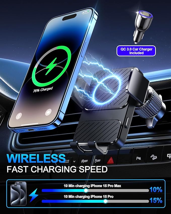 Wireless Car Charger, Phone Holders for Your Car 15W Fast Charging Auto Clamping, Air Vent Car Phone Mount for iPhone 17 16 15 14 13 Mini Pro Max XR, Samsung Galaxy S25 Ultra S24 S23 S22 S21