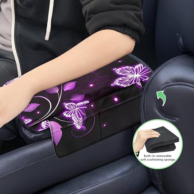 Dreaweet Purple Butterfly Arm Rest Cover for Car Women Thick Center Console Cover Pad with Pockets Universal Anti-Scratch Armrest Cover for Car SUV Sedan Trucks