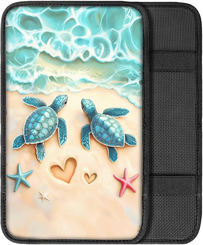 Suobstales Beach Turtle Starfish Heart Print Car Armrest Pad Soft Center Console Arm Rest Protector Cover Universal Car Interior Accessories Decoration