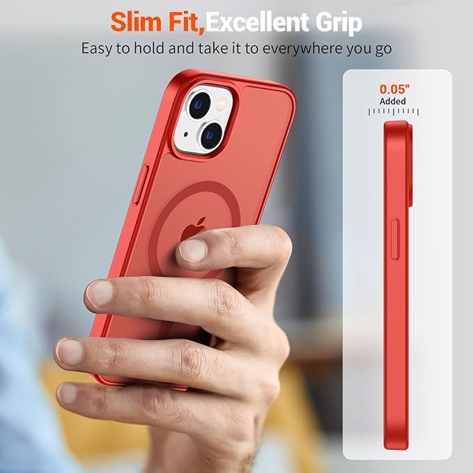 SUPFINE Magnetic for iPhone 15 Plus Case & iPhone 14 Plus Case(Compatible with MagSafe)(Military Grade Drop Protection) Slim Translucent Shockproof with Anti-Fingerprint Phone Case,Red