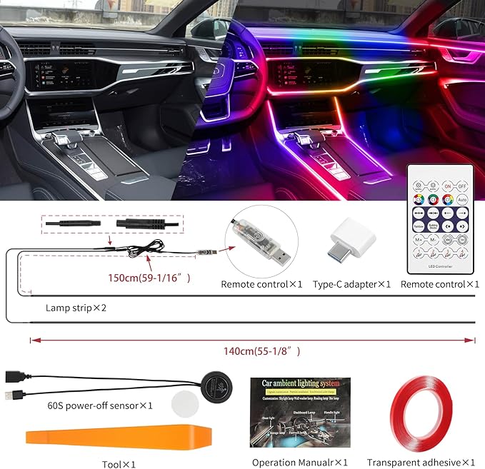 Interior Car LED Strip Lights Acrylic Fiber Optic Strip LED Lights with APP&Remote Control Dynamic Chasing Music Sync Neon Ambient Lighting Kits for Cars,SUVs,Trucks(55.12inch*2)