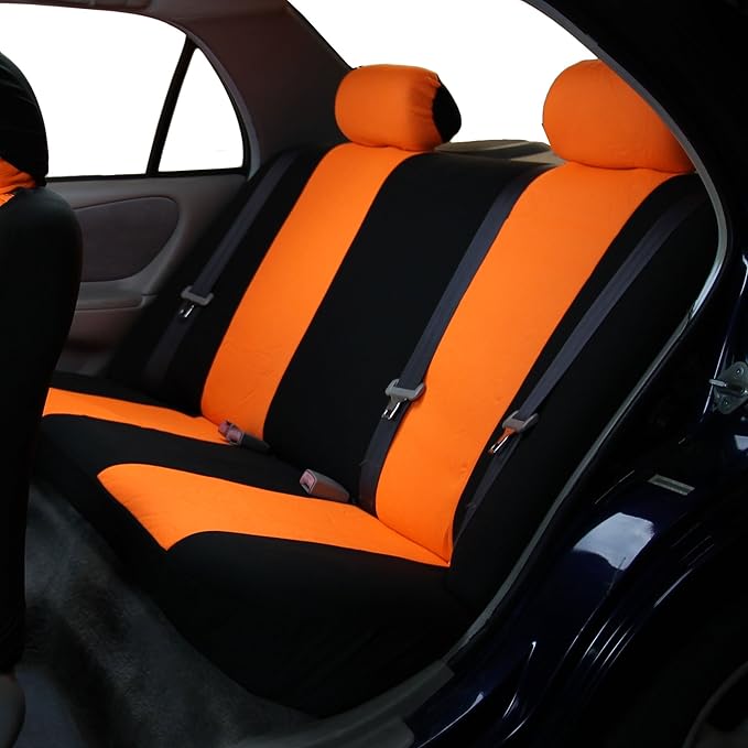 FH Group Car Seat Covers Flat Cloth Automotive Orange Full Set, Rear Solid Bench Universal Fit Combo Steering Wheel Cover & Seat Belt Pads Car Seat Protector for Cars Trucks SUV Interior Accessories