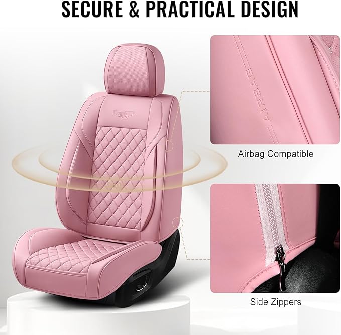 Auto Car Seat Covers Full Set Leather Cushion Protector Breathable Waterproof Seat Cover for Cars Universal Fit (Pink, Full Set Without Headrest)