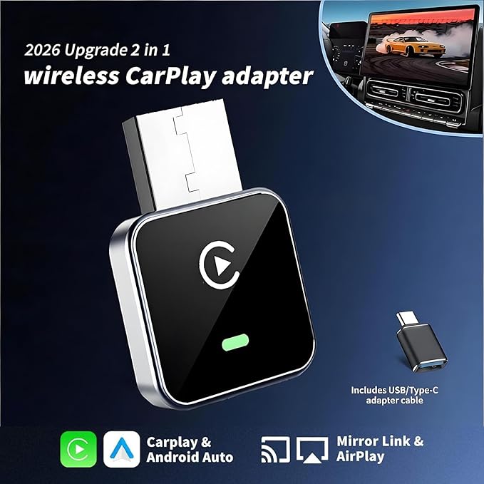 2026 Upgraded Wireless CarPlay Adapter for Apple iPhone, Plug and Play, Fast Auto-Connect, Realtek 8730E Chip Stable & No Latency, Wired to Wireless Adapter with USB-A/Type-C Port Gray-CT (CM101)