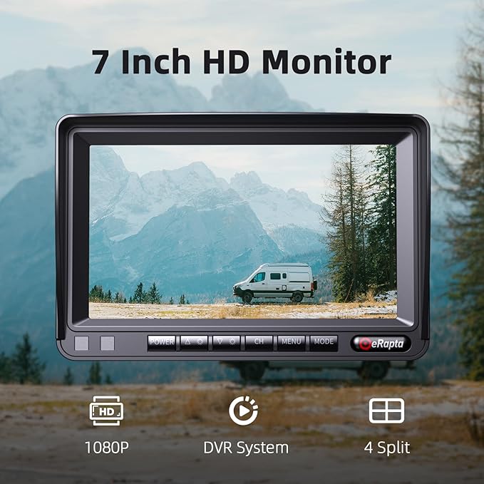 eRapta HD 1080p Backup Camera System Kit, 7-inch Reversing Monitor with Quad Split Recording IP69 Waterproof, Rear View Side View Cameras, Backup Camera for RV Truck/Trailer/Tractor/Box/Camper Y0202
