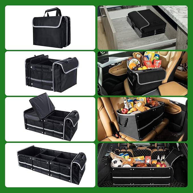 Snuopfy Car Trunk Organizer,115L Heavy Duty Collapsible Trunk Storage, with Insulated Leakproof Cooler Bag Vehicle Cargo Organizer with Lid, 3 Compartments, Straps For Car,Suv,Jeep,Sedan-Black