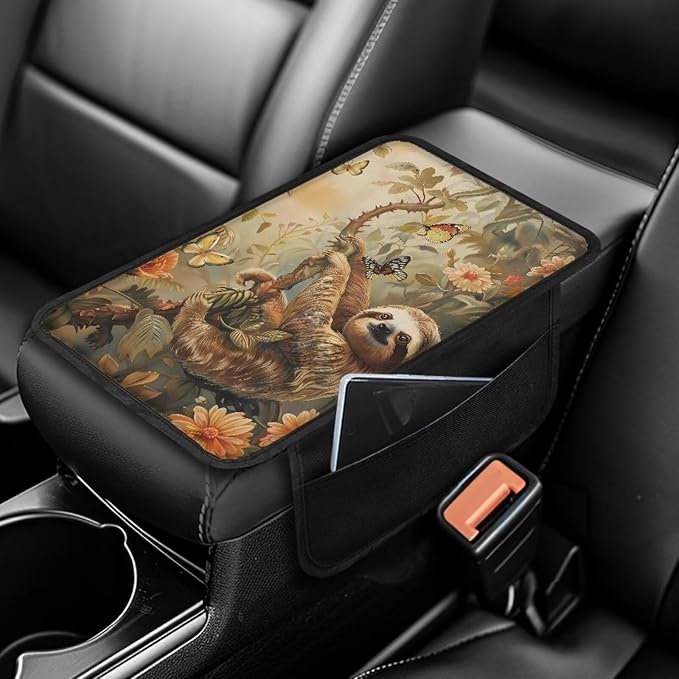 Butterfly Sloth Floral Print Car Center Console Cover Waterproof Automobile Armrest Covers Scratch-Resistant Car Armrest Cover Cushion Car Armrest Storage Box Mat Car Armrest Cover Cushion