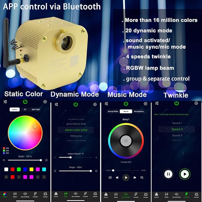 AZIMOM Bluetooth Control 16W Twinkle Fiber Optic Lights Star Ceiling Lighting Kits Mixed 430pcs 9.8ft Fiber Strands Remote RGBW Sound Activated Light Engine Car Home Indoor Ceiling Lighting Décor