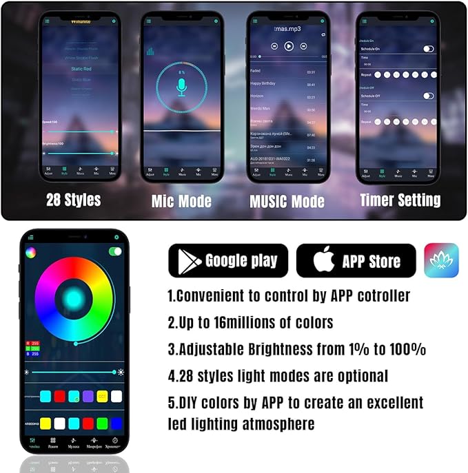 Car Led Lights Interior, Smart APP Control RGB Ambient Lighting Car, 64 Color 28 Modes Voice Activated LED Fiber Optic Strip, 12V USB Powered Car Led Strip Lights