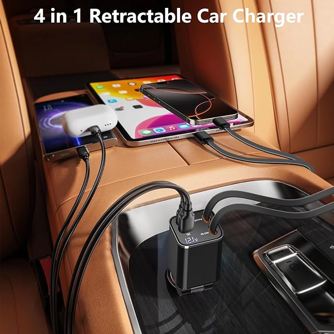 [Apple MFi Certified] Retractable Car Charger USB C, Rombica 120W USB C Car Charger 4 in 1 PD/QC Type C Fast Charging Cigarette Lighter Adapter for iPhone 17/17 Pro/16/15/14/13/12/Galaxy S26/S25/Pixel