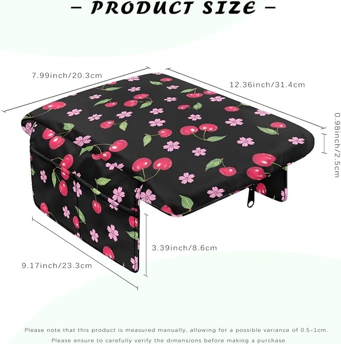 Dreaweet Cherry Print Arm Rest Cover for Car Women Black Thick Center Console Cover Pad with Pockets Cute Car Accessories Anti-Scratch Armrest Cover for Cars SUV Sedan
