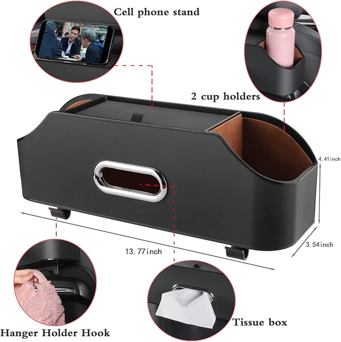 HOLDCY Car Back Seat Organizer with 2 Drink Cup Holder - Tissue Box and Storage Box Hook - Multi-functional Storage - Great for Kids and Travel (Black)