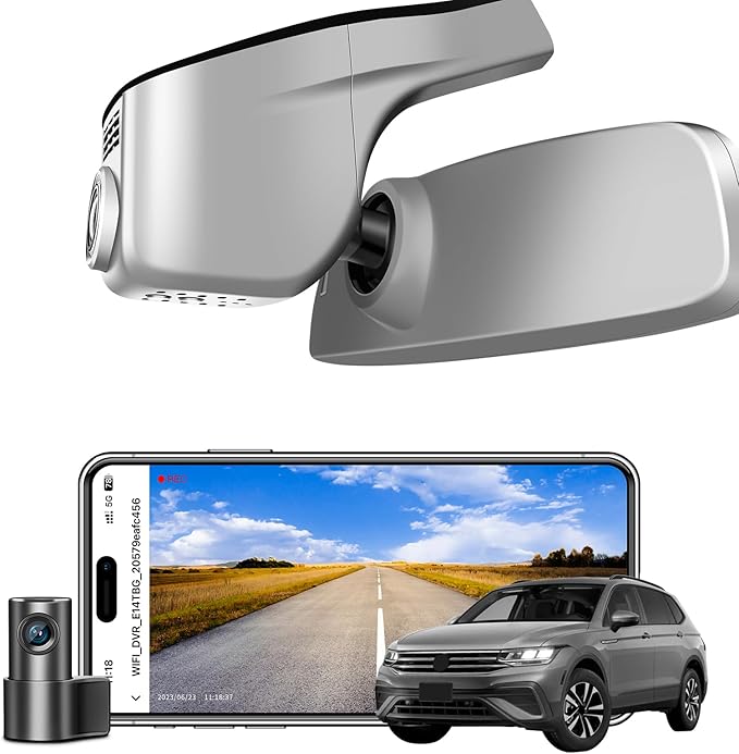 Front 4K & Rear 1080p Dash Cam Custom fit for Volkswagen Tiguan 2018-2024 Gen2 AD/BW (Model A Gray), Integrated OEM Look, UHD 2160P Video, App & WiFi, Loop Recording, Easy to Install, GPS, 128GB Card