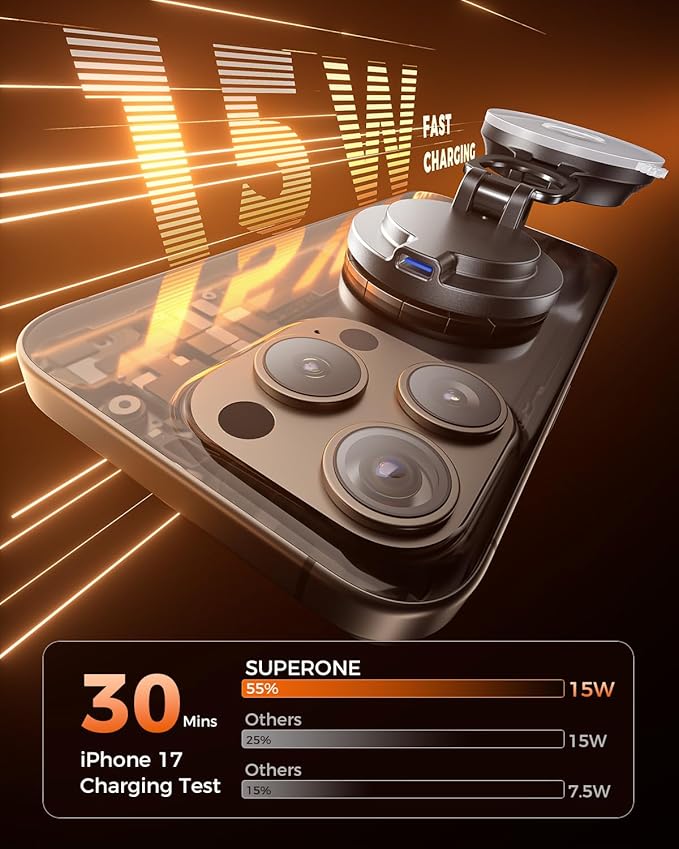 SUPERONE for MagSafe Car Mount Charger, 15W Fast Charging Magnetic Wireless Car Charger [88+LBS Ultra Suction & 2800gf Strong Magnetic] 360° Vacuum Magnetic Phone Holder for iPhone