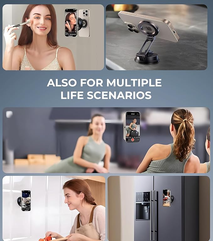 【Vacuum Suction Folding Car Mount】Magnetic Car Phone Holder for magsafe, Aerospace Alloy Arm, Best Dashboard/Windshield/Screen Holder for Your Car/Tesla/Gym/Mirror/Shower/Smooth Surface/iPhone