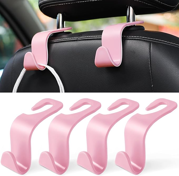 LivTee Car Seat Headrest Hook, Auto Seat Hook Hangers Storage Organizer Interior Accessories for Purse Coats Umbrellas Grocery Bags Handbag, 4-Pack - Pink