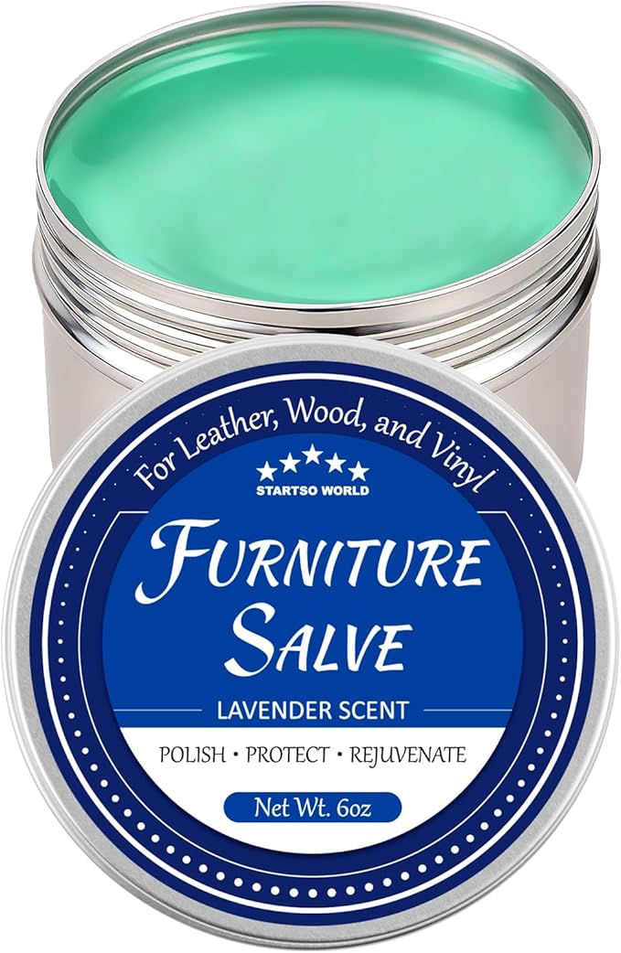 STARTSO WORLD Furniture Salve for Leather, Wood & Vinyl - Natural Polish, Conditioner & Restorer for Couches, Tables & Furniture - All-in-One Repair Salve with Applicator Brush - 6OZ