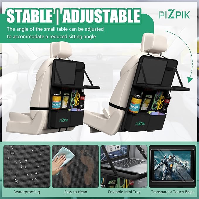 Plzpik Car Backseat Organizer with Tablet Holder,11 Storage Pockets with Foldable Food Tray, Protector Kick Mats for Kids, Travel Accessories Organizer (Black, 1Pack with Food Tray)