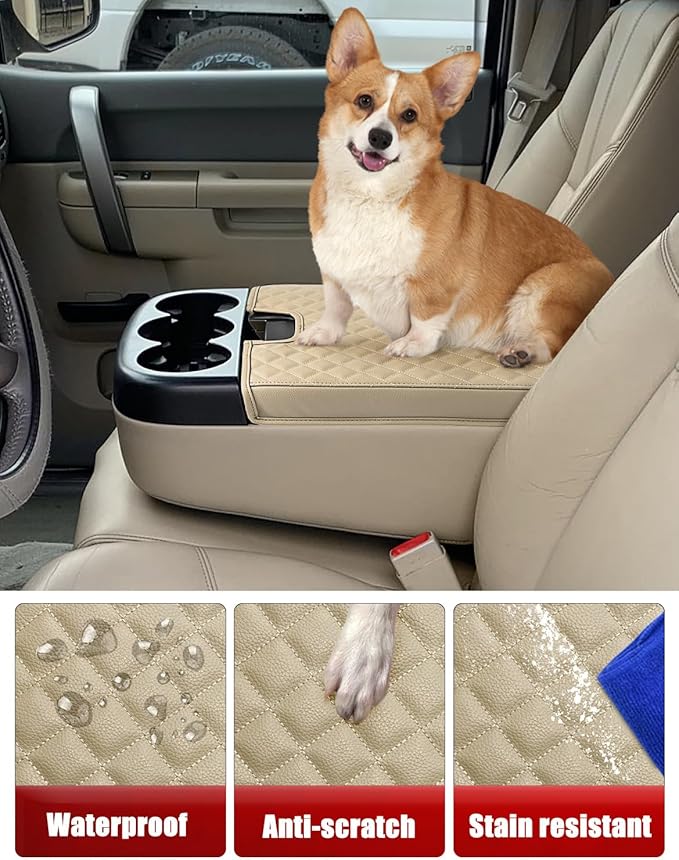 KBH Center Console Armrest Cover for 2007-2013 Chevy Silverado & Tahoe & Suburban, GMC Sierra & Yukon, Middle Console Lid Cushion, PU Leather, Anti-Scratch, Beige (Fits Jump Seat Console)