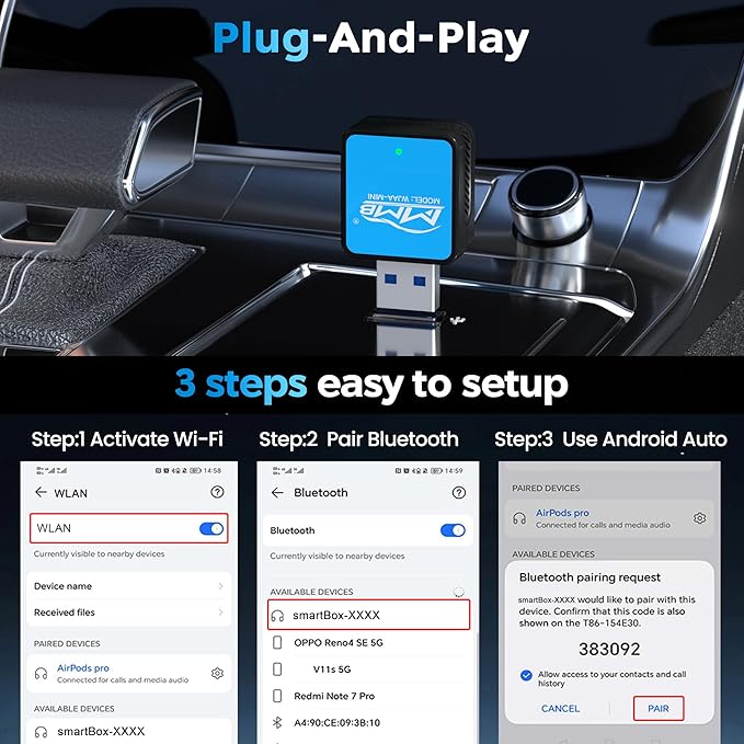 MMB Wireless Android Auto Adapter, 5.8GHZ WiFi, 5.3 Bluetooth, 3-5s Auto Connect, USB-C/USB-A/,Stable Control & No Delay, Compatible with Android 10+ Supports Car Original Control