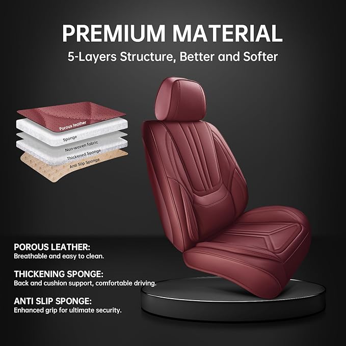 Car Seat Covers, Premium Leather Car Seat Covers, Waterproof and Breathable Seat Covers, Universal Car Seat Protector Fit for Cars, Trucks, SUVs, Pick-ups (Wine Red, FullSet)