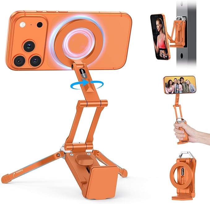 OMOTON TP02 360°Rotating for MagSafe Tripod Mount, Adjustable Aluminum Magnetic Phone Tripod for iPhone 17/16/15/14 Pro Max Air, Foldable Cell Phone Stand Fits Vlog, Gym, Travel Essentials, Orange