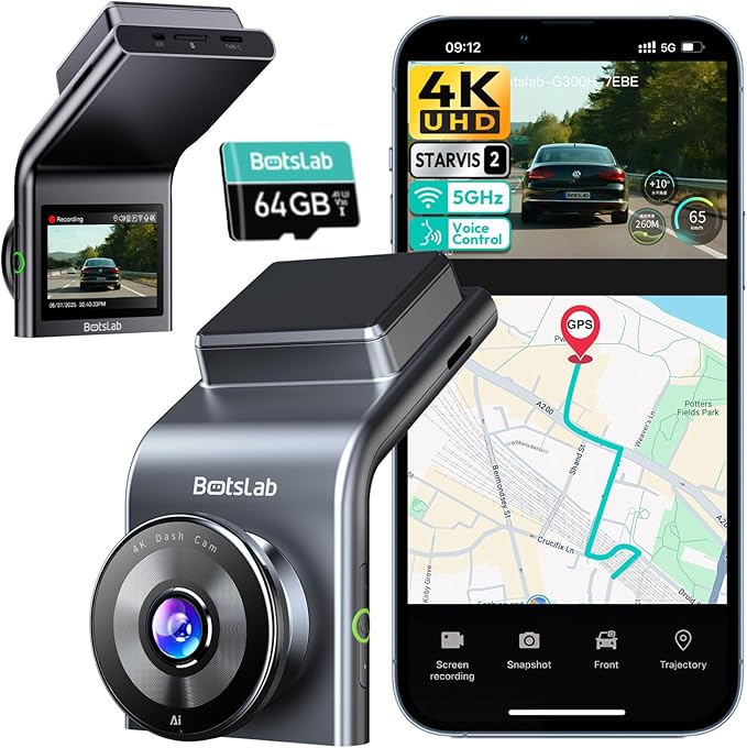 BOTSLAB 4K Dash Cam Front, STARVIS 2 Sensor, Voice Control, 64GB Card Included, 5GHz WiFi, Built in GPS, WDR Night Vision, 170°Wide Angle, 24H Parking Mode (Back Camera Not Included)