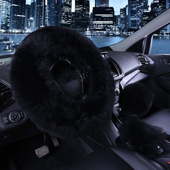 1 Set 3 Pcs Car Steering Wheel Cover & Handbrake Cover & Gear Shift Cover Set Faux Wool Warm Winter (Black-3pcs)
