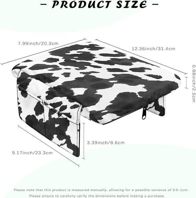 Wanyint Black White Cow Print Auto Center Console Pad Soft Armrest Box Mat Protector Non-Slip Middle Console Cover with Pockets Storage Bag Hand Rest Pillow Automobile Decor Accessories