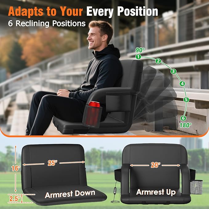 Suteck Dual-Side Heated Stadium Seats with Back Support, Wide Portable Stadium Chair, Foldable Bleacher Chair W/USB 3-Level Heating, 5 Storage Pockets for Outdoor Bleachers Camping Games
