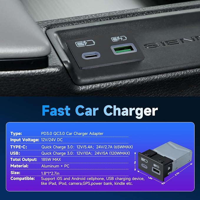185W Fast Car Charger USB c Dual Port Adapter Center Console Socket for Toyota Camry (Flat USB (120W)+Type-C (65W))