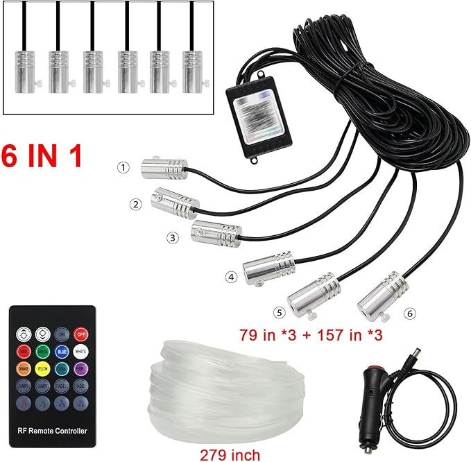 6 in 1 LED Car Strip Lights, Car Interior Lights with 276 inches Fiber Optic, Remote and APP Control, 16 Million Colors RGB Ambient Lighting Kits, Music Neon Light Accessories for Car Inside