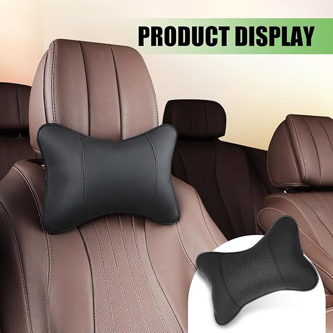 Seat Neck Pillow for Car, Bone-Shaped Breathable Support Cushion to Relieve Neck Pressure, PU Leather + Soft Filling Headrest Pad for All Seasons, for Most Cars Trucks (Black)
