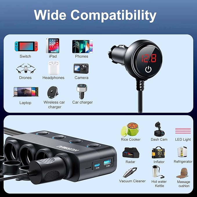 Cigarette Lighter Splitter 216W 4 Socket Car Cigarette Lighter Adapter Heavy Duty Truck Car USB Chager Multi Port USB C 12V/24V Independent Switches & Dust Cover & Waterproof for Car Devices