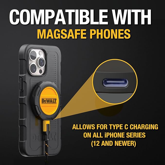 DEWALT Heavy Duty Wireless Charger, 15W Max Cell Phone Charger, Fast Wireless Charging Pad for MagSafe Compatible iPhone 17/16/15/14/13/12 Plus Pro Max, Includes Wall Mounting Plate (No AC Adapter)