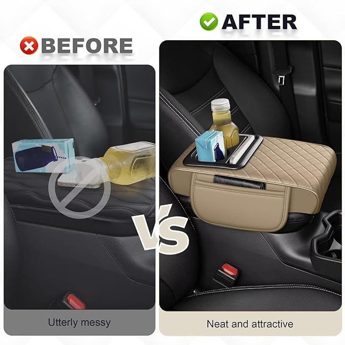 Center Console Cover Fit for Avalon Faux Leather Car Armrest Cushion with Storage Bags, Cup Holder ＆ Phone Storage Multifunctional Middle Console Cover(Beige)