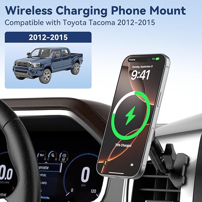 Kaishengyuan Magnetic Wireless Charging Phone Mount Compatible with 2012 2013 2014 2015 Toyota Tacoma, Metal Cell Phone Holder,2nd Tacoma Accessories Cradles Bracket Stand for All Smartphones