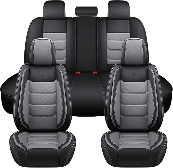 Full Coverage Faux Leather Car Seat Covers Full Set,Automotive Seat Covers for Cars,SUVs Pick-up Truck, Car Seat Cushion, Black and Grey Seat Covers for 5 Seats