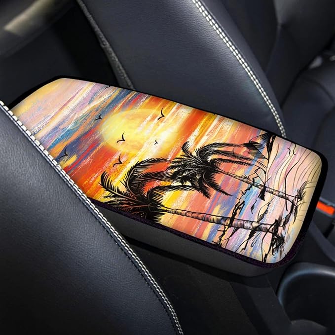 Dreaweet Sunset Palm Tree Car Armrest Cover Hawaiian Car Accessories for Women Interior,Universal Armrest Cover for Car Center Console