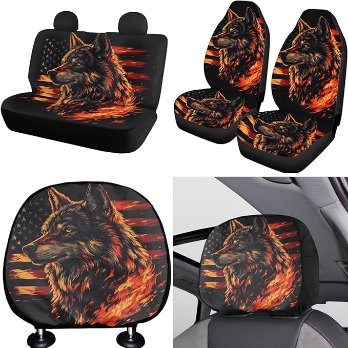 FKELYI American Flag Car Seat Covers - Full Set with Steering Wheel, Gear Shift, Handbrake, Cup Holder, and Headrest Covers